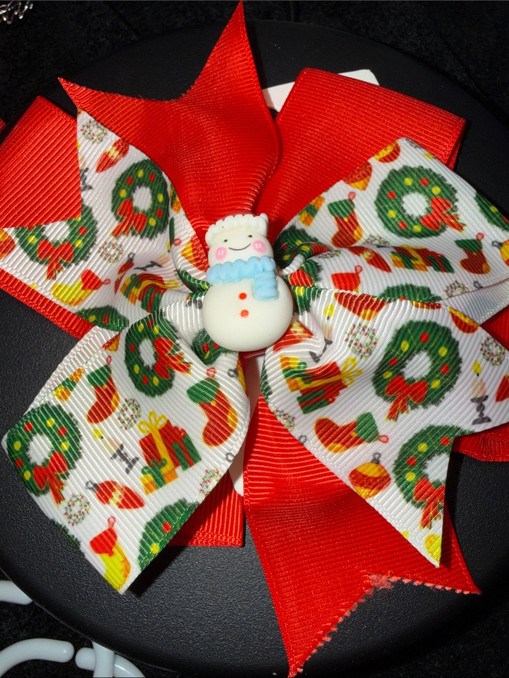 Christmas Wreath & Snowman Kids Hair Bow - Red & Multi